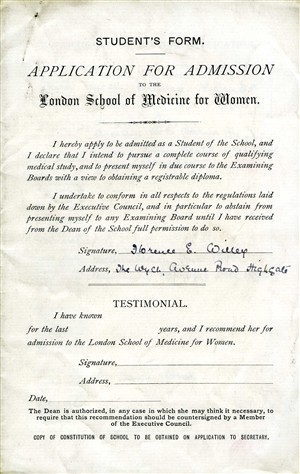 Photo:Florence Willey's application for admission to the London School of Medicine for Women, 1896.